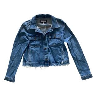 LOFT : Raw Hem Distressed Button Front Medium Wash Denim Boho Jean Jacket : M